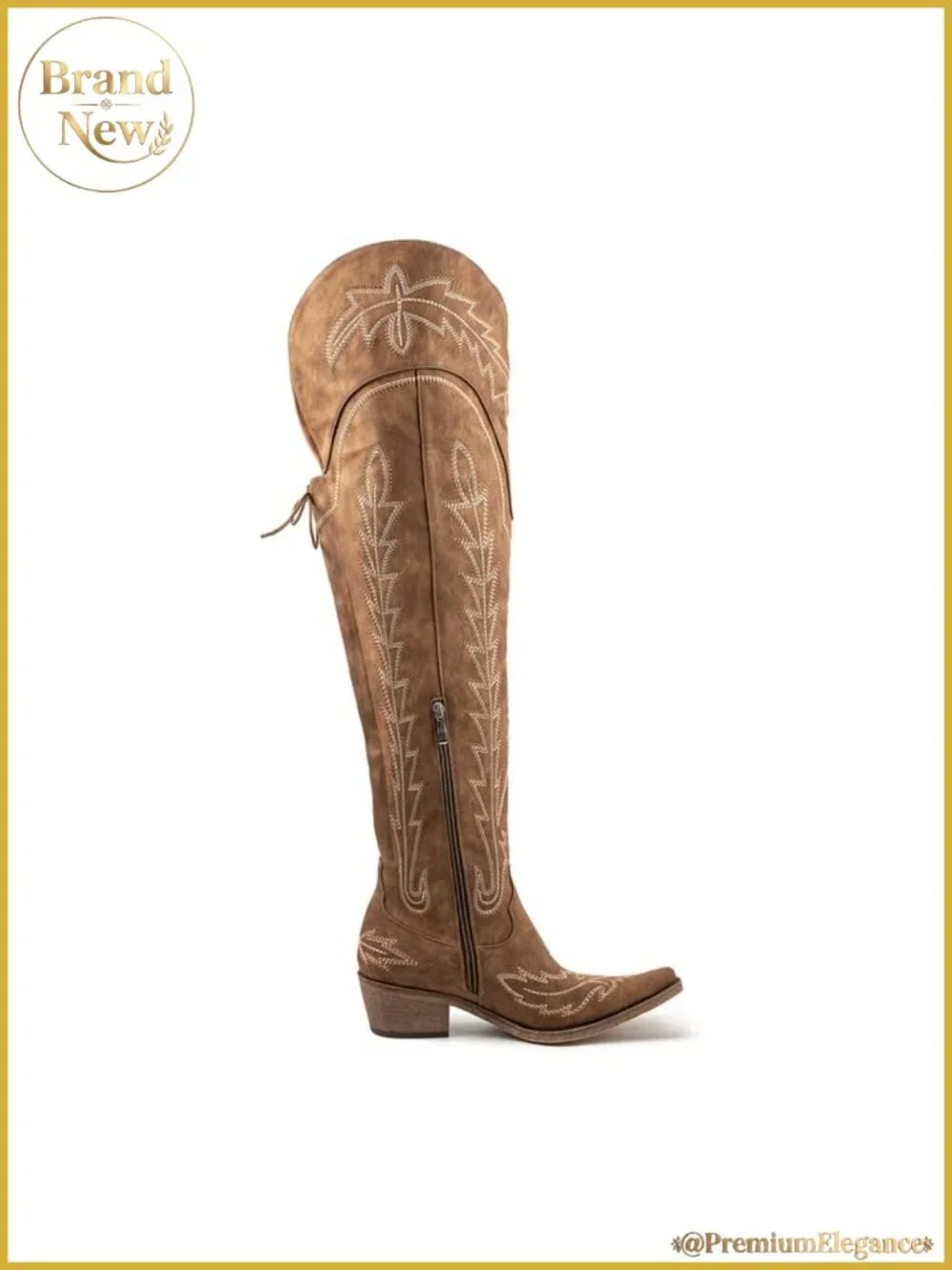 Faux Leather Thigh High Cowboy Boots Chunky Heel Embroidered Western Style